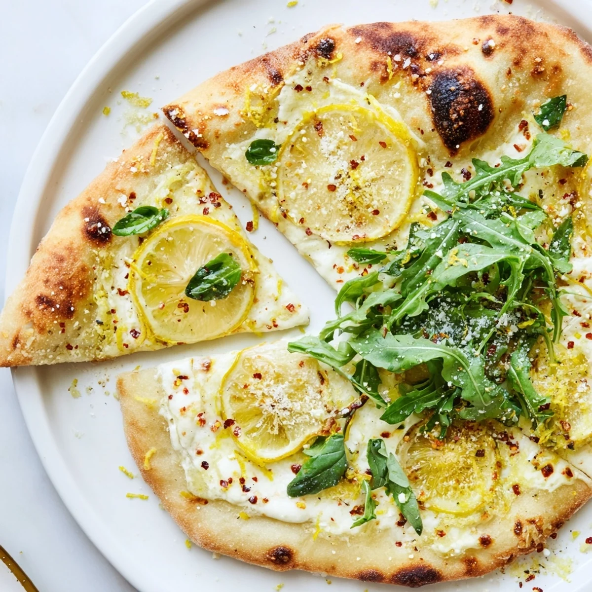 Zesty Summer Lemon Pizza with golden crust bubbling cheese and fresh arugula topping