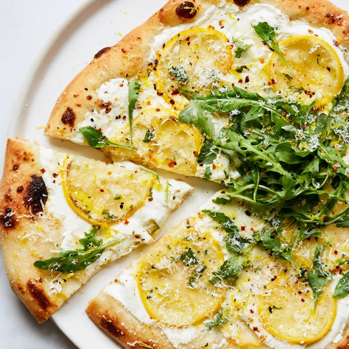 Warm slice of Zesty Summer Lemon Pizza topped with creamy cheese and basil