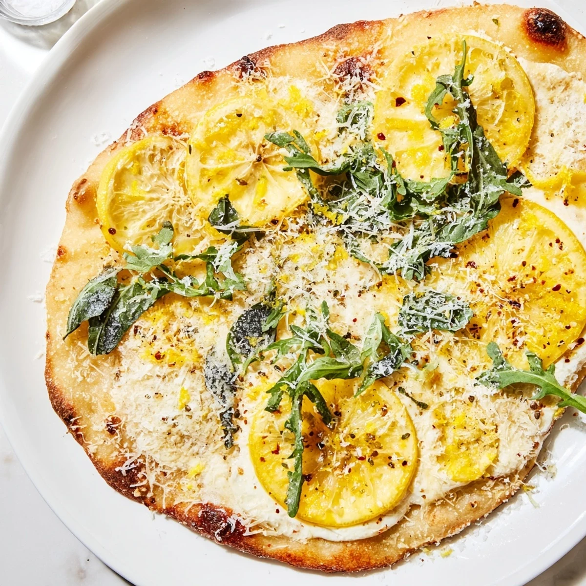 Zesty Summer Lemon Pizza fresh from the oven drizzled with olive oil and herbs