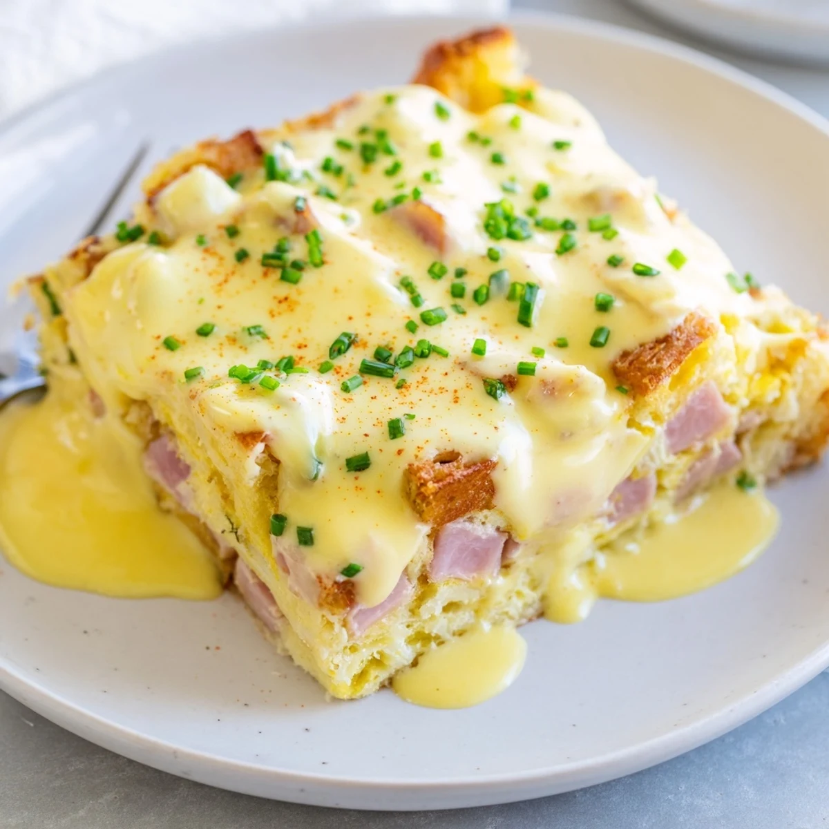 Warm Eggs Benedict casserole with fluffy eggs, Canadian bacon, and melted hollandaise sauce