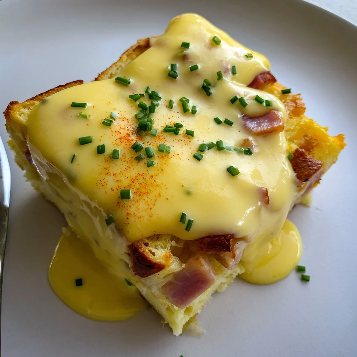 Golden Eggs Benedict casserole drizzled with creamy hollandaise on a brunch plate