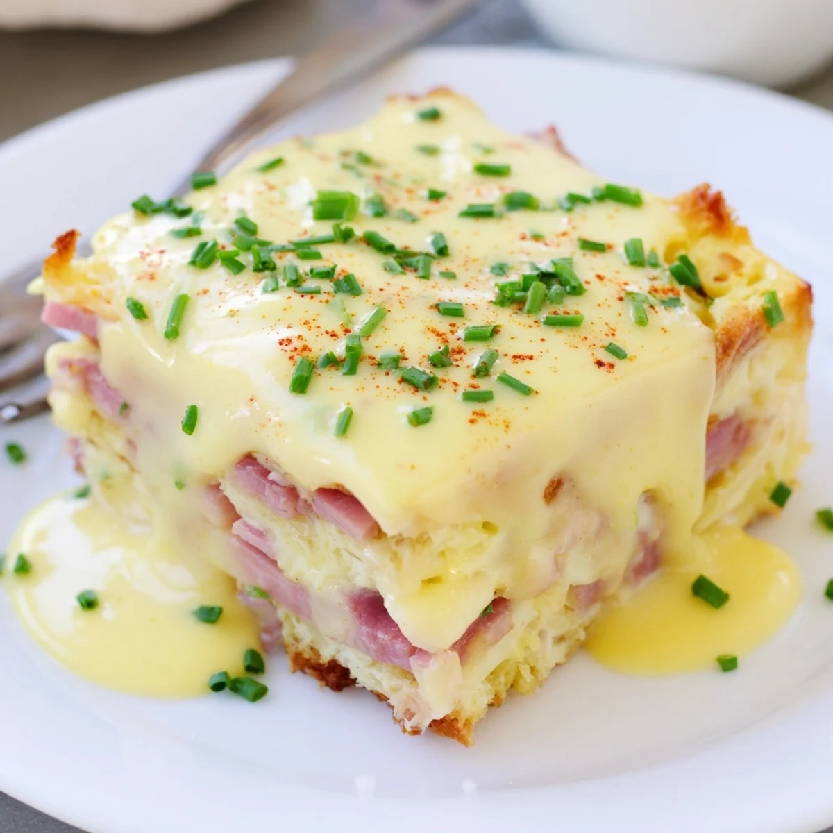 Bubbling Eggs Benedict casserole topped with fresh chives and rich golden hollandaise