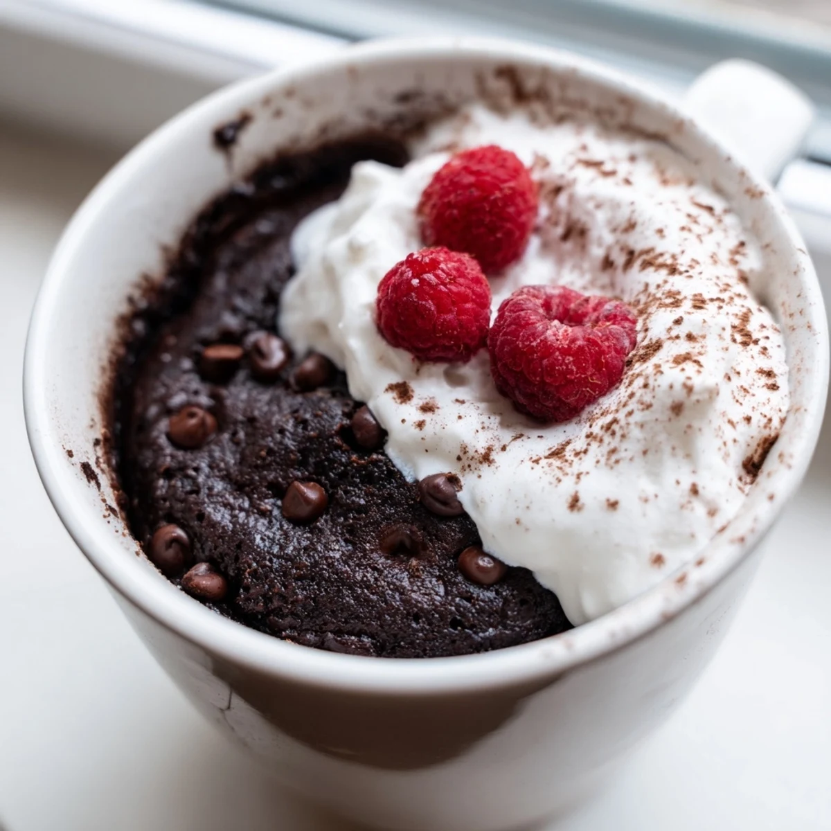 Warm gluten free chocolate mug cake topped with a dollop of whipped cream