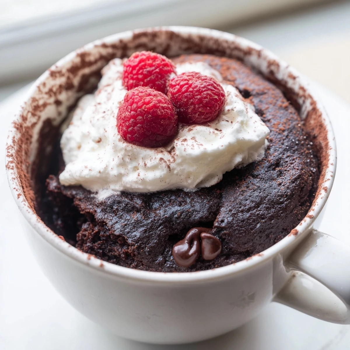Fudgy gluten free chocolate mug cake fresh from the microwave in a ceramic mug