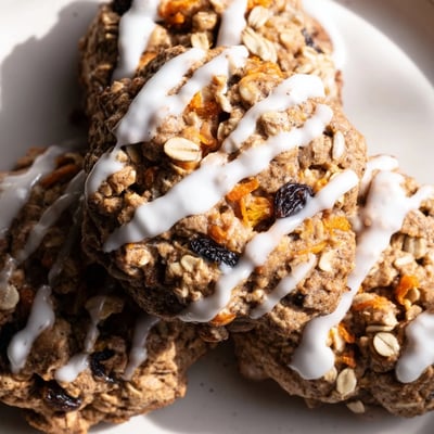Chewy carrot cake cookies studded with walnuts and raisins fresh from oven