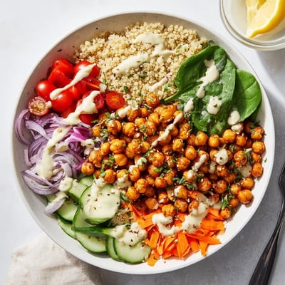Steaming quinoa chickpea bowl drizzled with creamy lemon tahini dressing