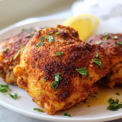 Juicy oven baked chicken thighs garnished with parsley and lemon wedges