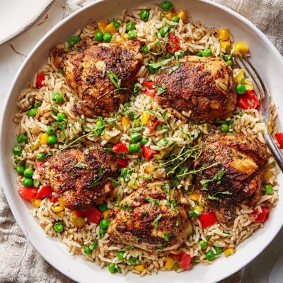 Golden jerk-seasoned chicken thighs nestled in fragrant coconut rice with peas