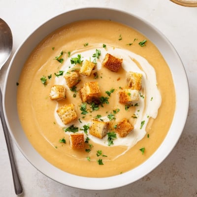 Velvety creamy vegetable soup swirled with rich cream and colorful garden vegetables
