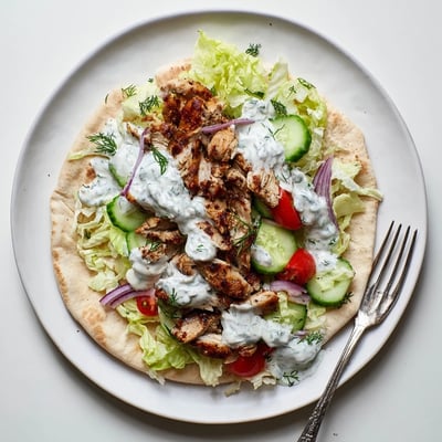 Juicy Mediterranean spiced chicken stuffed inside soft pita bread with fresh cucumber