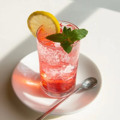 Bubbly Honey Lemon Pink Soda poured over ice with bright raspberry and mint garnish