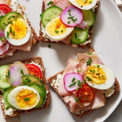 Open Faced Polish Sandwiches arranged on a wooden platter with pickles, radishes, and smoked kielbasa