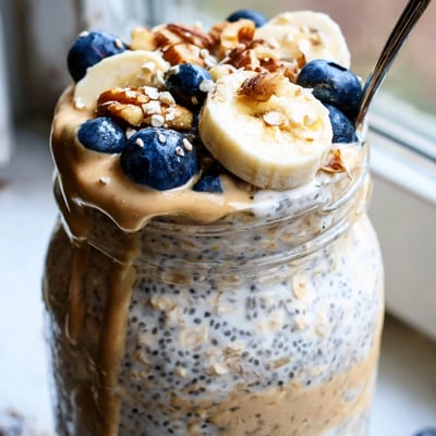 Thick and luscious protein overnight oats served in a jar with sliced banana