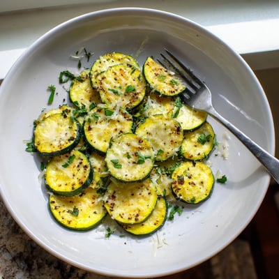Tender zucchini rounds glistening with olive oil and topped with melted Parmesan and cracked pepper