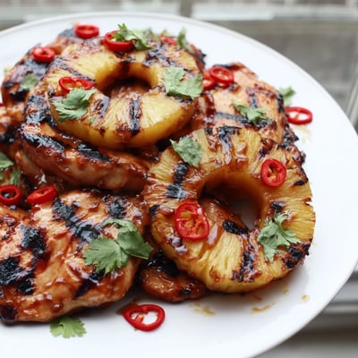 Golden Chili Pineapple Grilled Chicken sliced open revealing tender meat topped with smoky pineapple rings